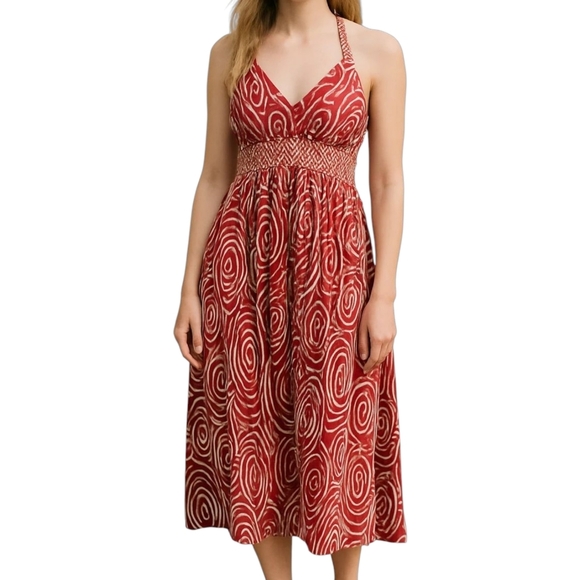 LONDON TIMES Halter Dress Red Abstract Print Retro Sweetheart Neck Women's 14 - Picture 1 of 13
